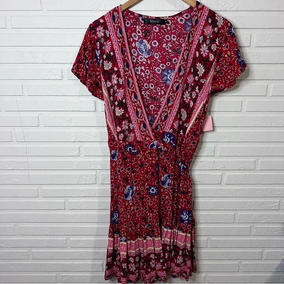 Zesica Red Floral Flowy Bohemian Wrap Mini Dress, Women’s Size Small - Picture 1 of 6